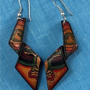 BOHO SOHO Artisan Handcrafted primitive Tattoo Leather Face Dangle Earrings VTG